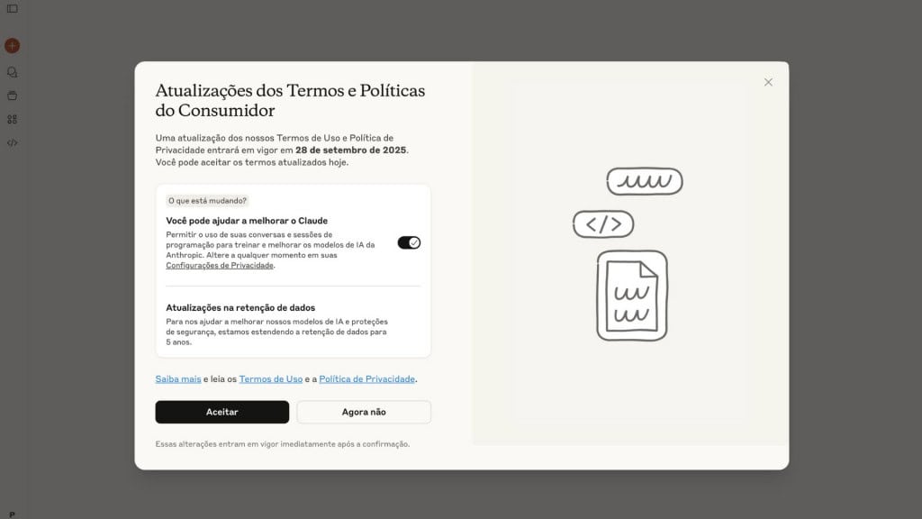 Janela sobre novas regras da Anthropic para treinar IA Claude