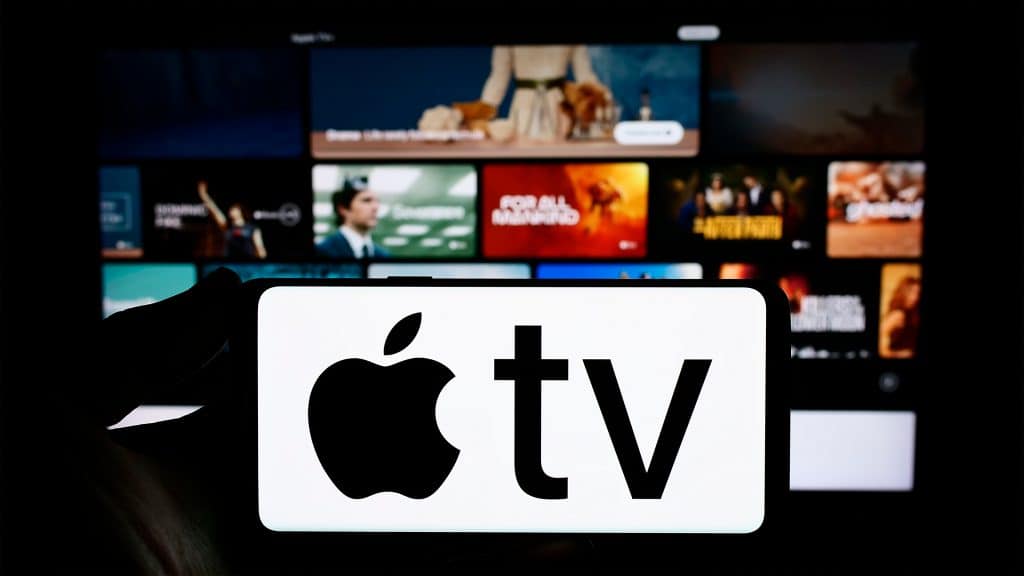 Pessoa segurando celular com logotipo do Apple TV em frente tela com imagens de diversas produções originais do streaming
