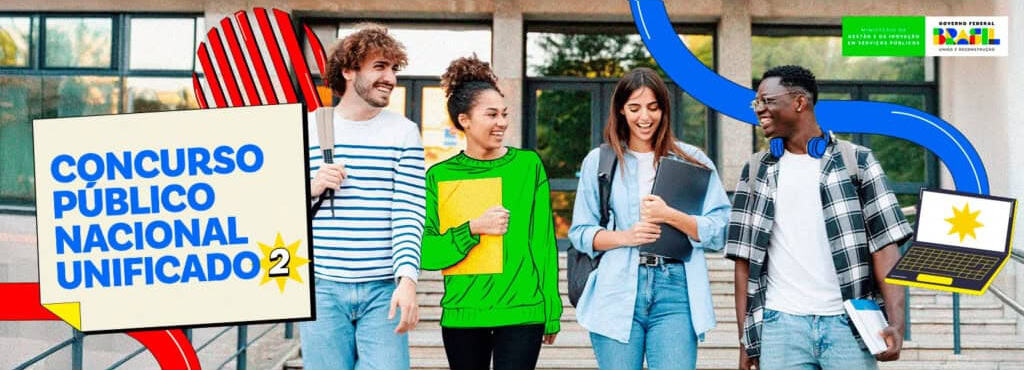 Jovens com itens de estudo para imagem de divulgação do Concurso Nacional Unificado