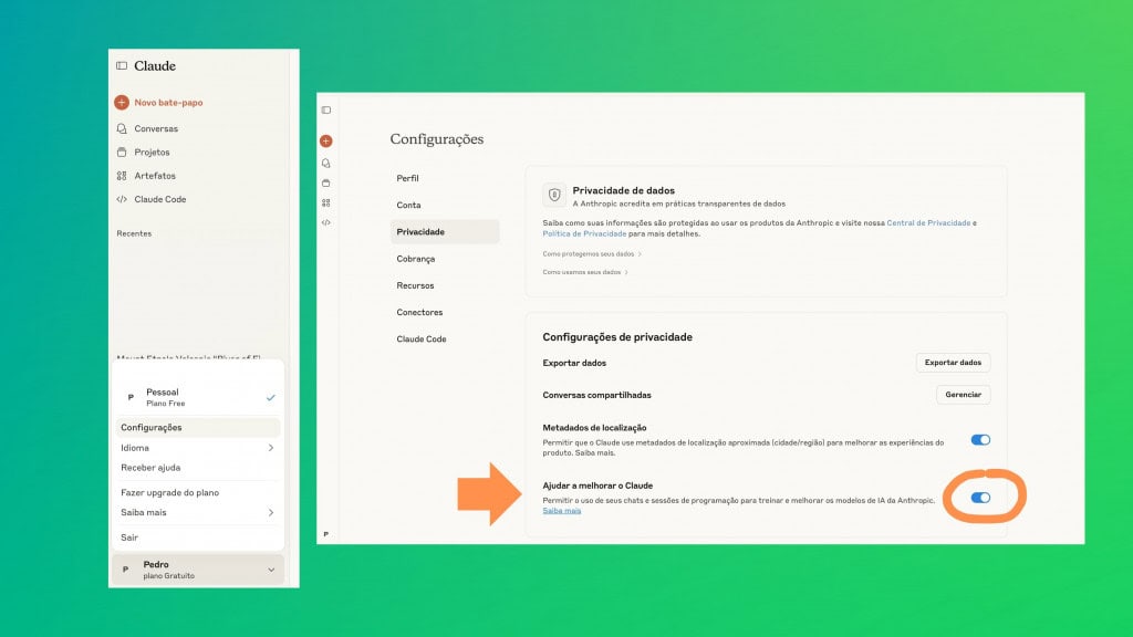 Montagem com telas para configurar uso de dados no Claude para Anthropic treinar IA