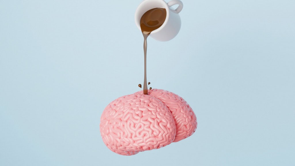 Café derramado sobre o cérebro. Despertar do cérebro com café. Renderização 3D.