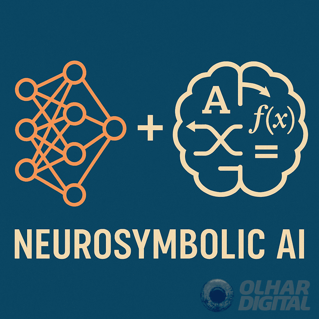 Montagem que mostra pontos inteligados ao lado de um cérebro humano e os dizeres "neurosymbolic AI"