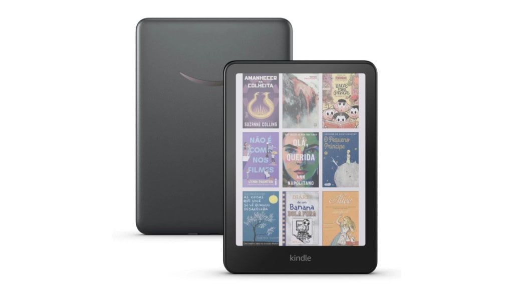 Montagem mostrando parte da frente e de trás do Kindle Colorsoft