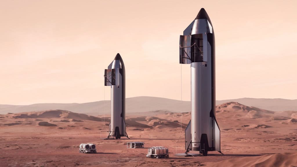 Ilustração digital de dois foguetes da SpaceX pousados em Marte
