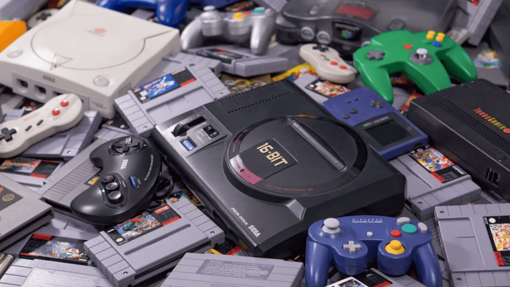 imagem mostra inúmeros consoles antigos de videogame