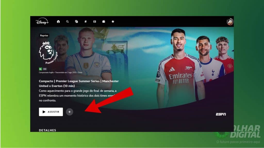 Print com a tela de uma partida de futebol no Disney+