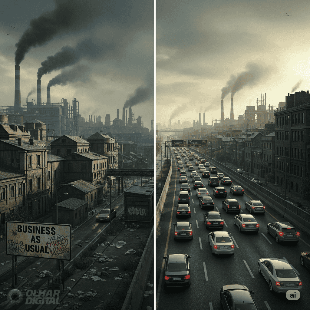 Contraste de uma sociedade industrializada antes e depois e seu colapso