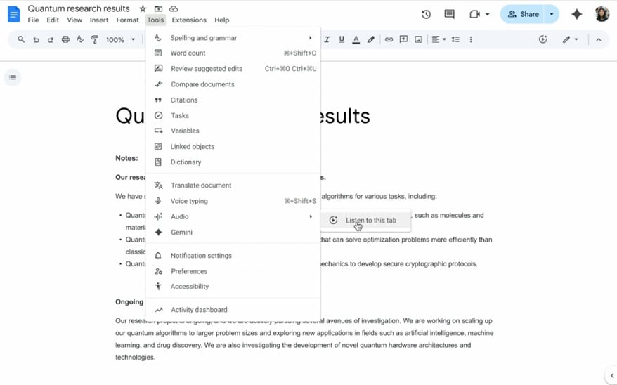 gemini pode ler textos no google docs