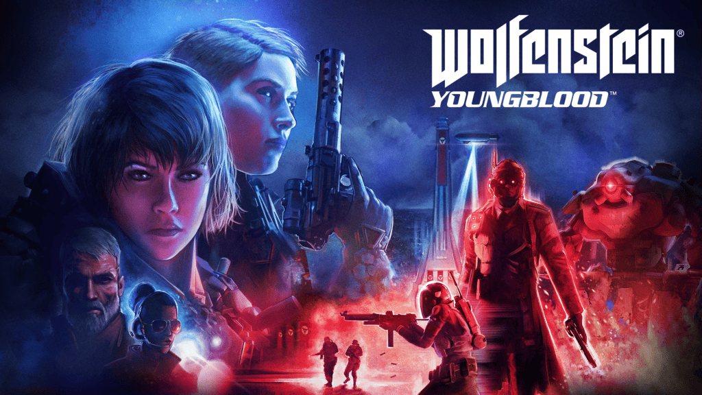 imagem mostra a capa do jogo "Wolfenstein: Youngblood", a qual mostra alguns personagens no lado esquerdo em tom de azul e outros personagens no lado direito em um tom de vermelho