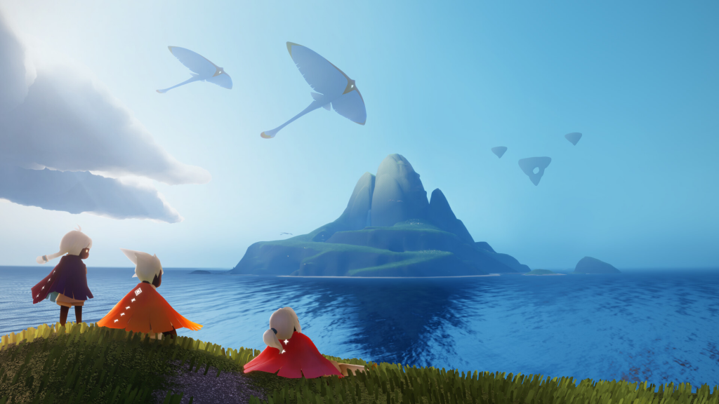 3 personagens do jogo Sky: Children of the Light vendo uma montanha no horizonte