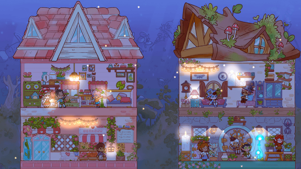 hub do jogo Fairy Village mostrando duas casas a noite
