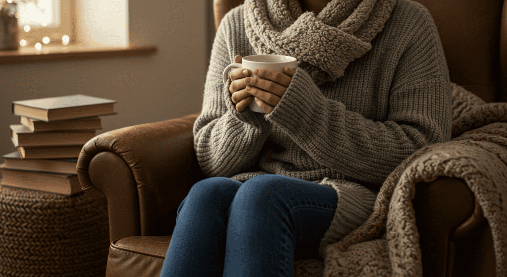 mulher agasalhada sentada num sofá segurando uma xícara de café