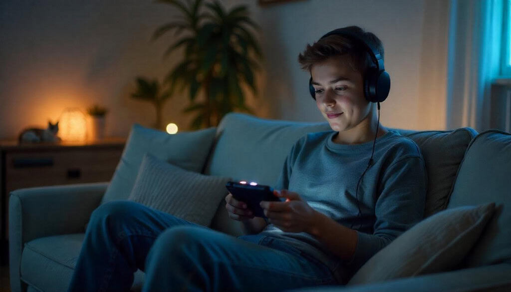 Jovem joga em console portátil no sofá de casa