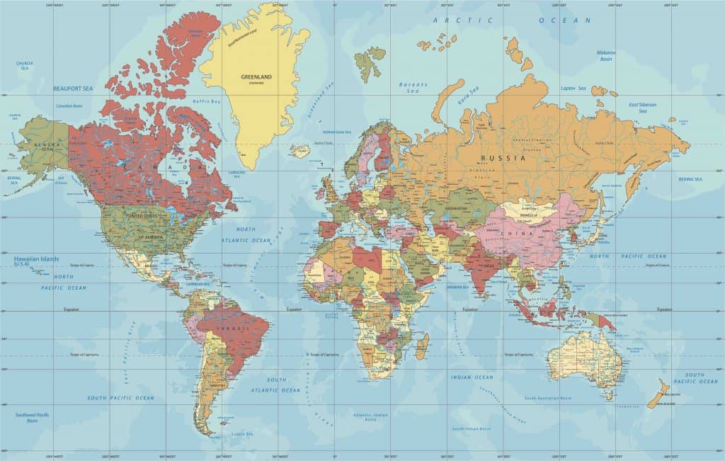Mapa detalhado do mundo político na projeção de Mercato