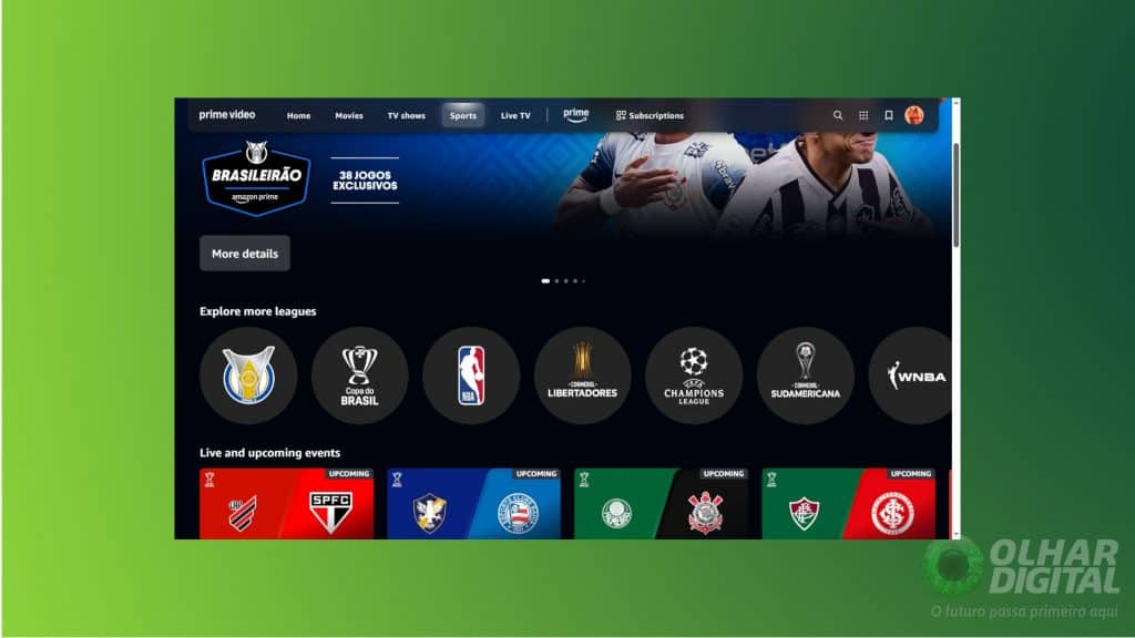 Print da tela de esportes do Amazon Prime Video