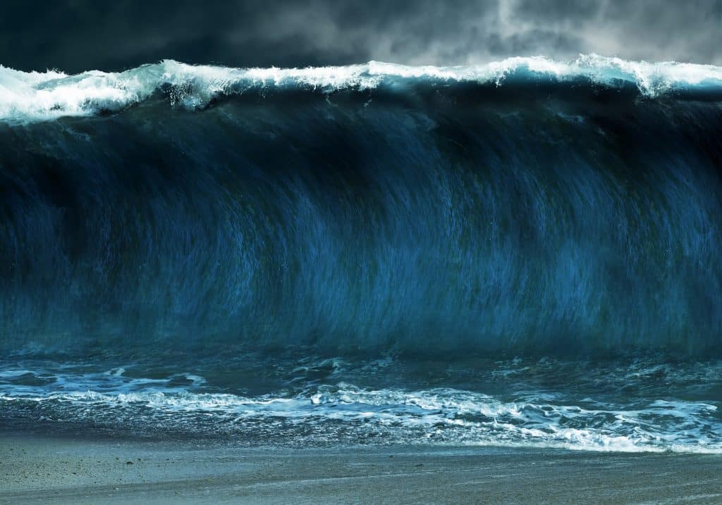 Tsunami,Stormy,Sea,Waves,On,Sand,Beach,,Thunderstorm,Background