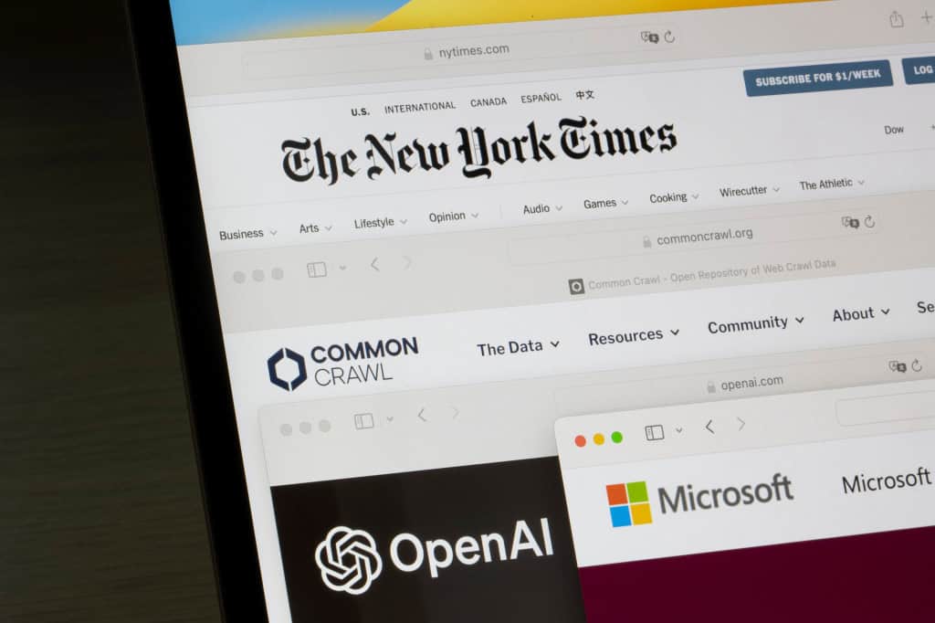 Páginas na web de The New York Times, OpenAI e Microsoft