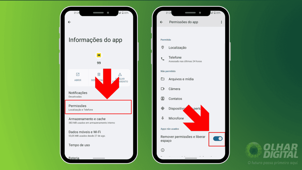 imagem mostra as permissões de um aplicativo e como desativá-las no celular android