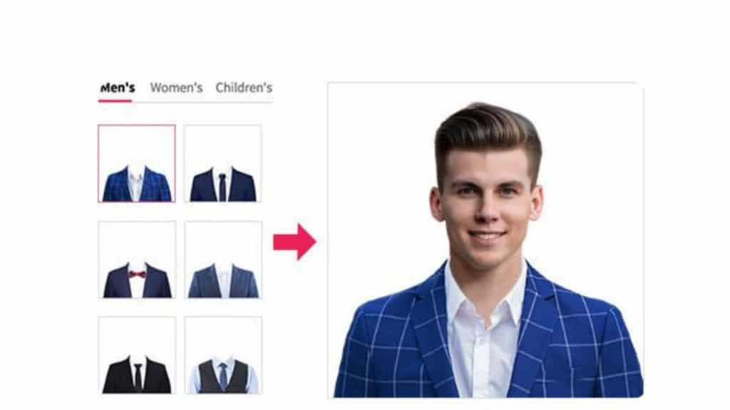 A imagem mostra uma seleção de ternos masculinos em uma grade, com destaque para um modelo azul xadrez com camisa branca. À direita, aparece um homem vestindo esse terno, exibido como exemplo do visual final.