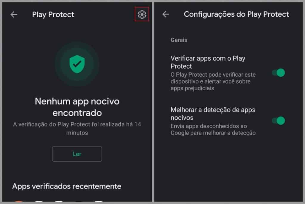 Configurações da ferramenta Play Protect