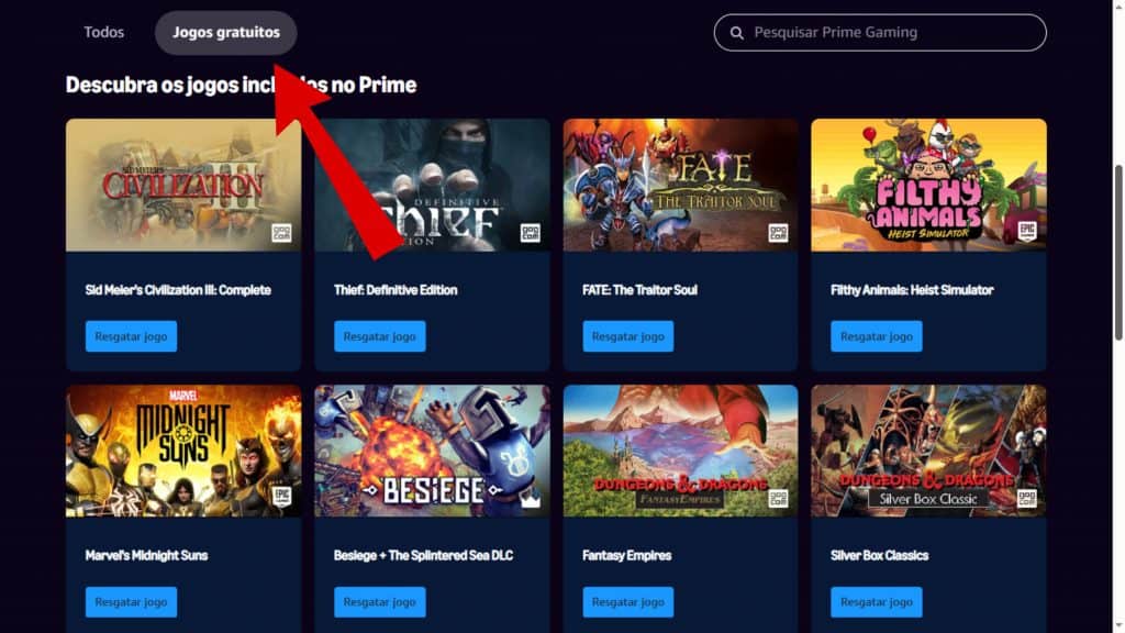 Print de tela do Prime Gaming