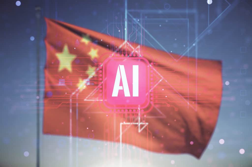 Bandeira da China ao fundo com os dizeres "AI" à frente