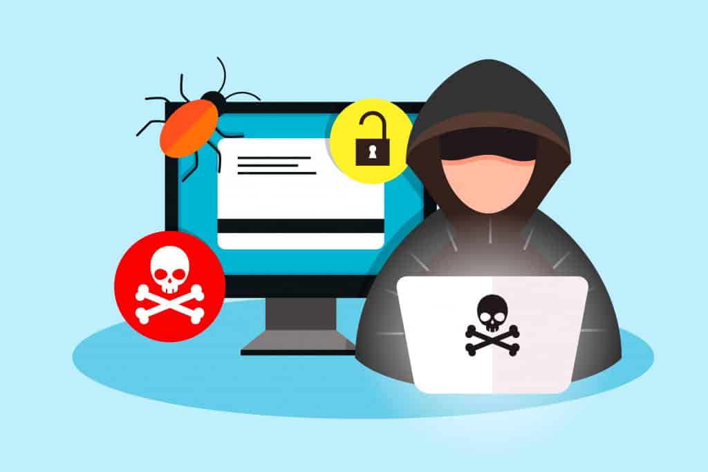 Ilustração com um computador com cadeado aberto, símbolo de caveira e uma pessoa simbolizando um hacker