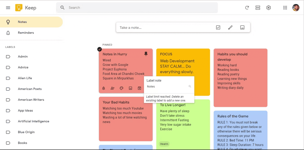 screenshot do Google Keep