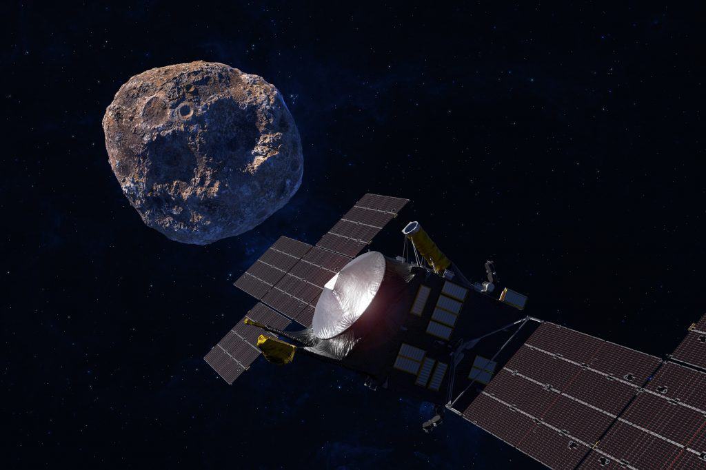 Representação artística da sonda Psyche, da NASA, na órbita do asteroide 16 Psyche