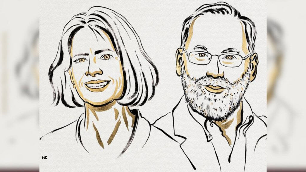Ilustração de Mary Brunkow e Fred Ramsdell, dois dos ganhadores do Prêmio Nobel de Medicina de 2025